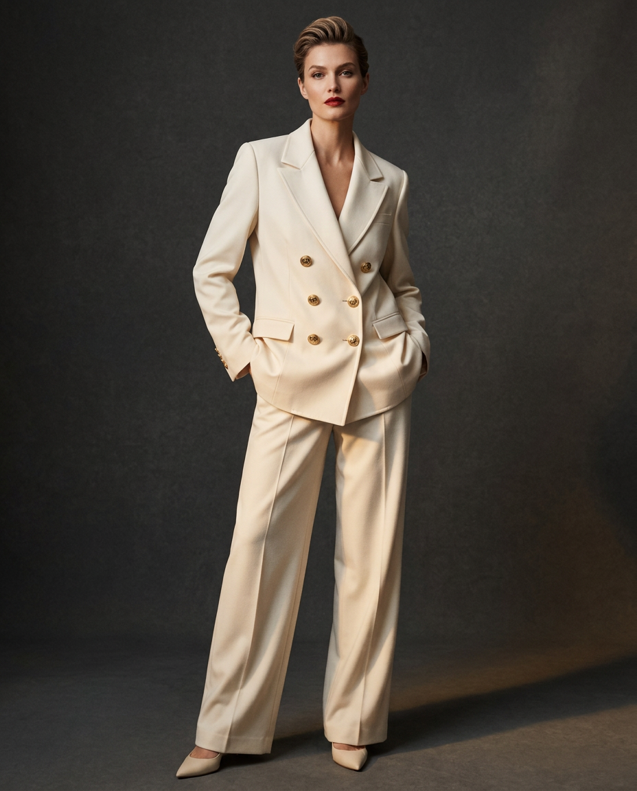 Atelier campaign frame — Cream double-breasted blazer